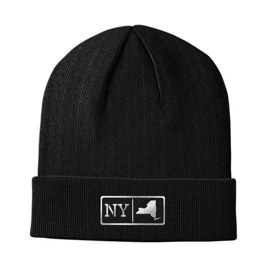 New York Black Leather Patch Homegrown Beanie